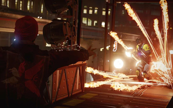 HD PC desktop wallpaper featuring an intense action scene from the video game inFAMOUS: Second Son, showcasing fiery combat in an urban nighttime setting.