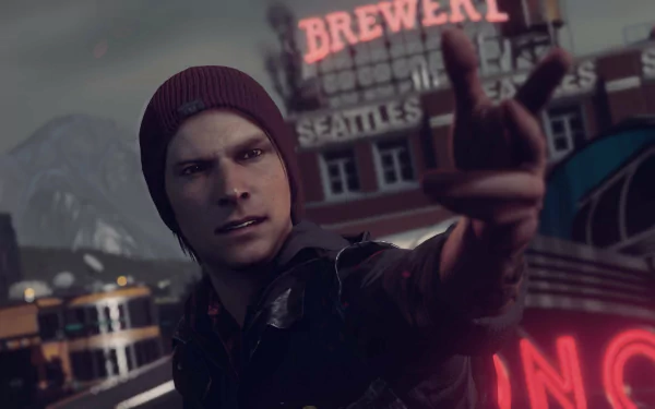 HD PC desktop wallpaper featuring Delsin Rowe from the video game inFAMOUS: Second Son with a neon-lit city background.