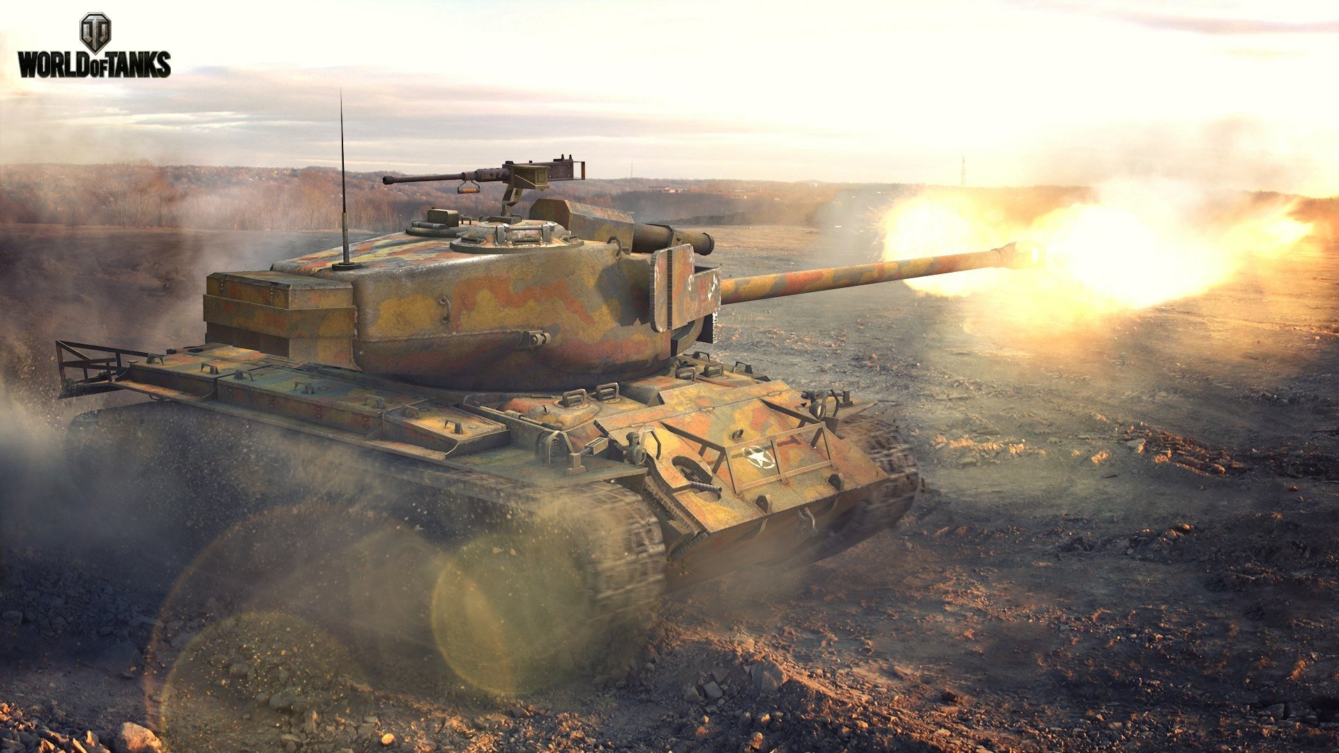 HD PC desktop wallpaper featuring a detailed World of Tanks video game scene with a tank firing amid a smoky battlefield.
