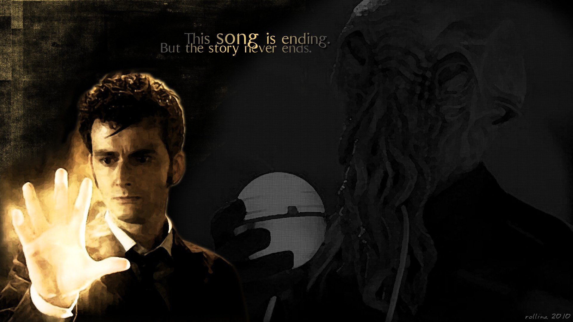 A dramatic HD wallpaper from the TV show Doctor Who (2005), featuring the Doctor reaching out with glowing energy against a dark background with mysterious shadowy figures.