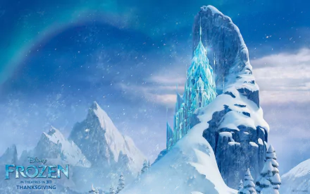 HD desktop wallpaper featuring the icy landscape and Elsa's castle from the movie Frozen, under a mystical aurora-lit sky.