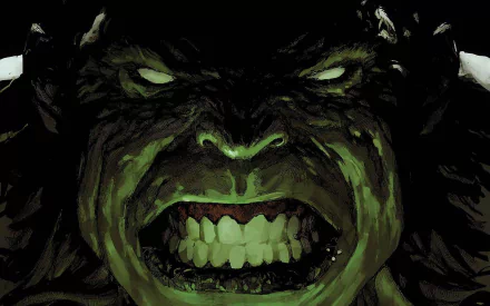 HD desktop wallpaper of a close-up, menacing comic-style illustration of Hulk with a fierce expression and vibrant green tones.