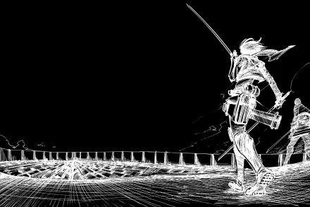A striking HD wallpaper featuring characters from Attack on Titan, showcasing a dynamic scene with intense line work and dramatic contrasts in black and white.