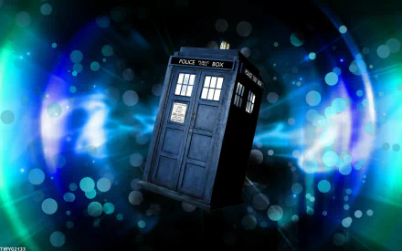 A vibrant HD wallpaper featuring the iconic TARDIS from the TV show Doctor Who (2005), set against a dynamic, colorful background with swirling lights and bokeh effects.