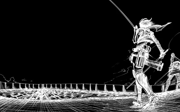 A striking HD wallpaper featuring characters from Attack on Titan, showcasing a dynamic scene with intense line work and dramatic contrasts in black and white.