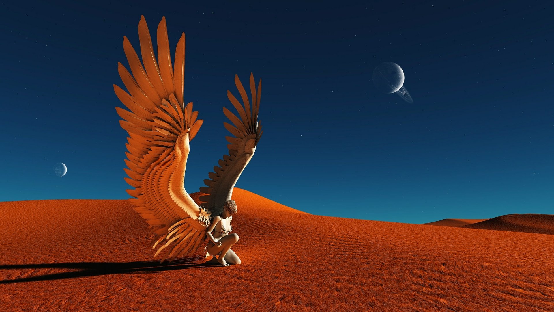 A fantasy angel with large, vibrant wings kneels in a vast desert under a clear night sky, creating a striking and ethereal HD desktop wallpaper.