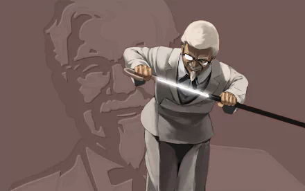 HD PC desktop wallpaper featuring an artistic rendition of Colonel Sanders wielding a katana, set against a muted brown background with his iconic portrait.