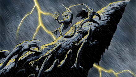 HD PC desktop wallpaper featuring a dramatic scene from The Chronicles of Riddick movie, with creatures battling atop a rocky cliff under lightning in heavy rain.