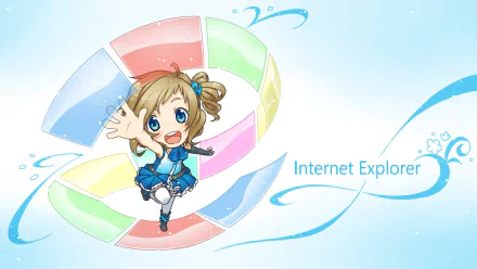HD PC wallpaper of Inori Aizawa (zirong) anime OS-tan: a blue-clad chibi mascot joyfully leaping through a pastel Internet Explorer ring, Internet Explorer text on a soft sky-blue background.
