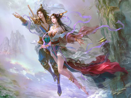 HD PC desktop wallpaper featuring two elegantly dressed characters from the video game Conquer Online, set against a mystical, mountainous background.