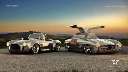 HD desktop wallpaper featuring classic Shelby Cobra and Mercedes-Benz 300SL vehicles side by side at sunset, showcasing timeless automotive legends.