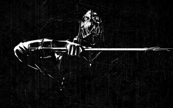A striking HD desktop wallpaper featuring Corvo Attano from the video game Dishonored, showcasing his enigmatic presence and stealthy demeanor against a dark, textured background.
