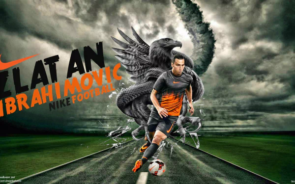HD PC desktop wallpaper featuring Zlatan Ibrahimović in action, with dynamic sports-themed graphics and a powerful eagle backdrop.