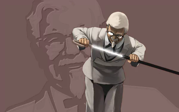 HD PC desktop wallpaper featuring an artistic rendition of Colonel Sanders wielding a katana, set against a muted brown background with his iconic portrait.