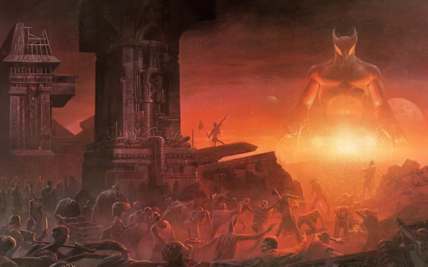 A high-definition desktop wallpaper featuring a dark, surreal scene with a towering demon-like figure and chaotic, shadowy ruins, tagged with music and Dio.