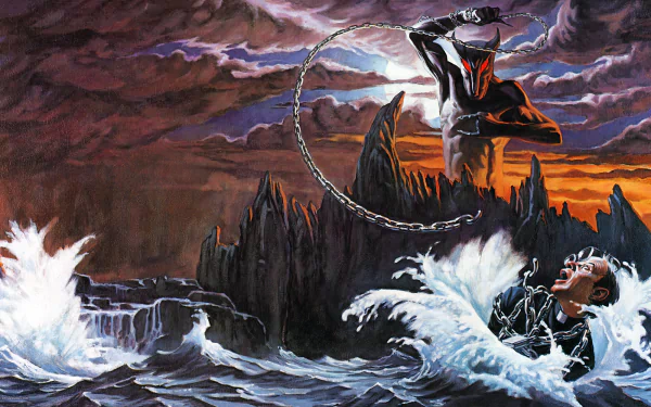 HD desktop wallpaper featuring a dramatic scene tagged with music and Dio: a demon with a whip looms over a stormy sea, while a figure struggles in the waves below.