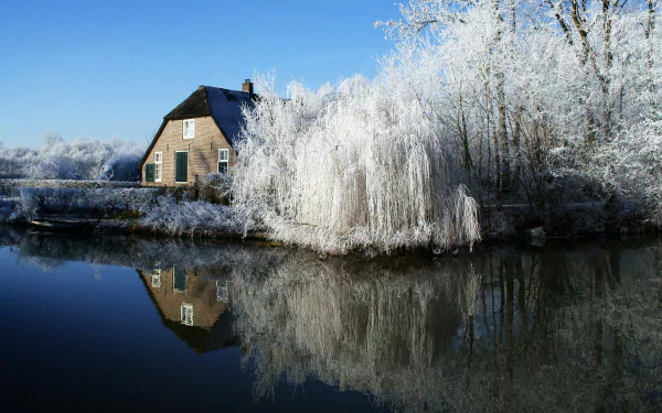 HD wallpaper of a frost-covered landscape in the Netherlands, featuring a house and trees reflected in a serene body of water.