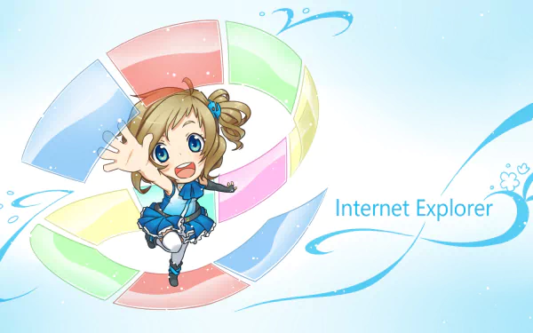 HD PC wallpaper of Inori Aizawa (zirong) anime OS-tan: a blue-clad chibi mascot joyfully leaping through a pastel Internet Explorer ring, Internet Explorer text on a soft sky-blue background.
