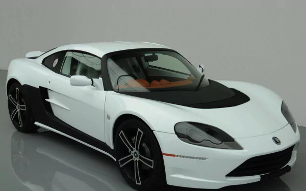 HD PC desktop wallpaper featuring a sleek white Proton sports vehicle with black accents on a reflective surface and neutral gray background.