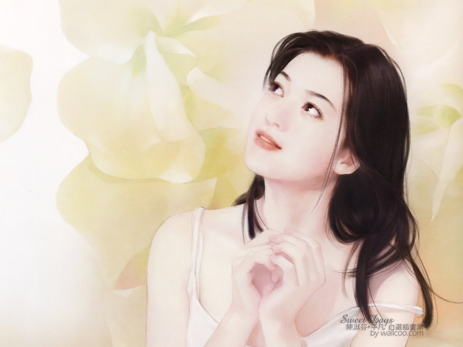HD PC desktop wallpaper featuring a Korean woman with dark hair, looking thoughtfully upwards against a soft, floral background.