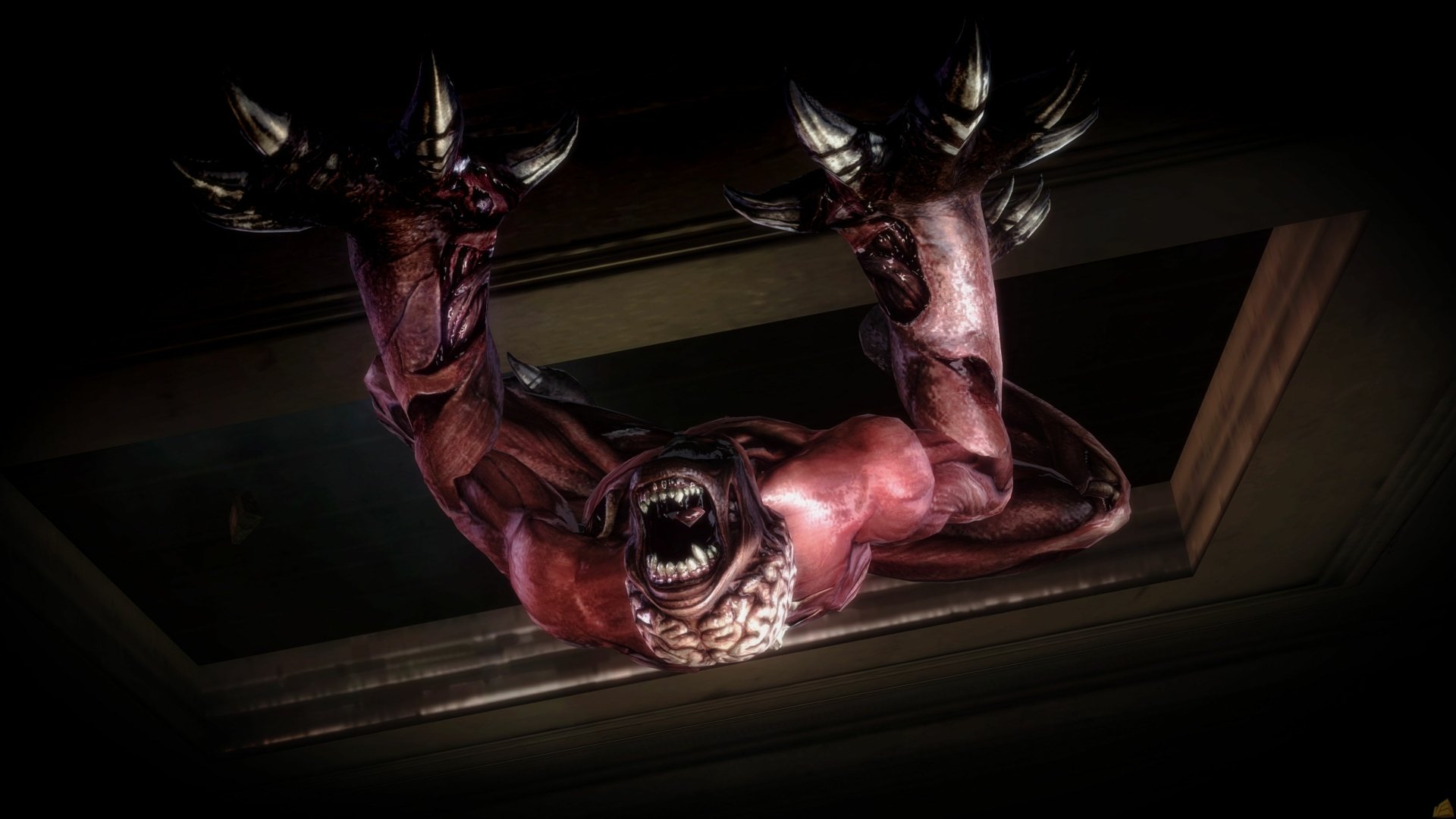 A menacing Licker from Resident Evil hangs above in this striking 4K Ultra HD wallpaper, capturing the eerie atmosphere of Resident Evil: Operation Raccoon City.