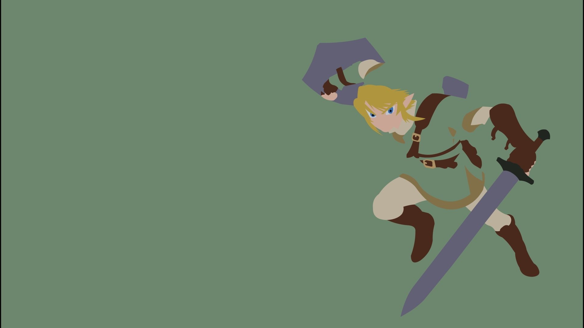 HD PC desktop wallpaper featuring Link from the video game The Legend of Zelda, poised in an action-ready stance with sword and shield against a muted green background.