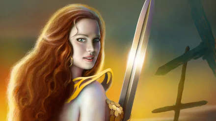 HD PC desktop wallpaper featuring a detailed comic-style depiction of Red Sonja holding a sword with fiery red hair and a determined expression.