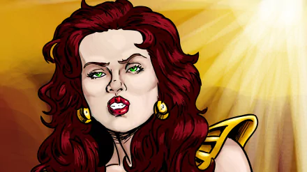 Comic portrait of Red Sonja with flowing red hair, green eyes and gold armor, sunlit rays behind — HD PC Desktop Wallpaper and Background.