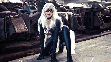 A woman in a striking Black Cat (Marvel Comics) cosplay poses confidently in a gritty industrial setting, showcasing her feline-inspired attire against a dramatic background.