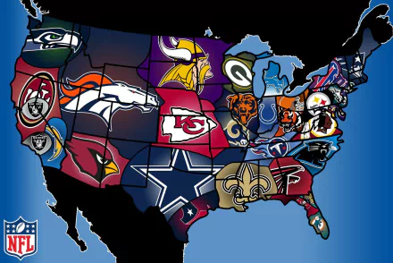 HD PC desktop wallpaper featuring a colorful map of the United States with NFL team logos representing different football markets across the country.