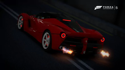 HD PC wallpaper featuring a red Ferrari LaFerrari racing in the video game Forza Motorsport 5, showcasing detailed flames from the exhaust in a dynamic night scene.