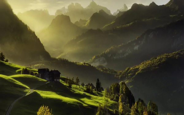 A tranquil scene of a fog-covered house surrounded by lush green trees and vibrant mountains, set in the enchanting Alps, capturing nature's serene beauty.