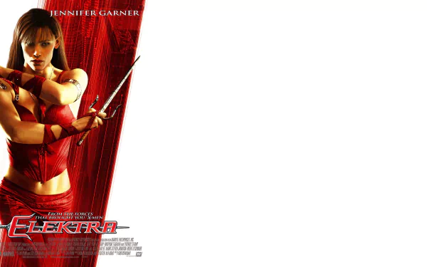 4K Ultra HD PC desktop wallpaper featuring Jennifer Garner as Elektra from the Marvel Comics movie Elektra, dressed in a red costume holding sai weapons.