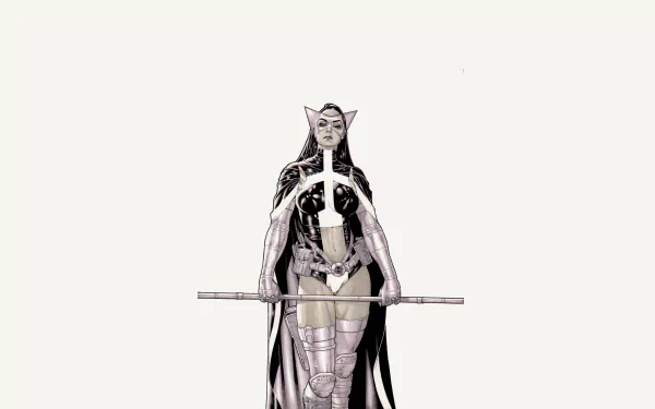 A striking 4K Ultra HD image of Huntress from DC Comics, showcasing her poised with a weapon, embodying the fierce spirit of a skilled hunter.