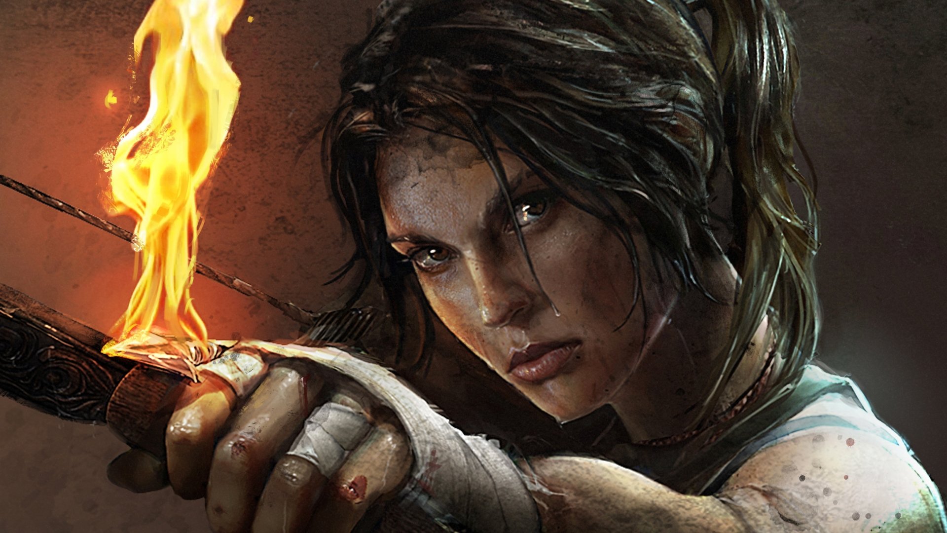 A fierce Lara Croft holds a flaming torch, ready for adventure in this vivid 4K Ultra HD Tomb Raider wallpaper, showcasing the iconic video game character's strength and determination.