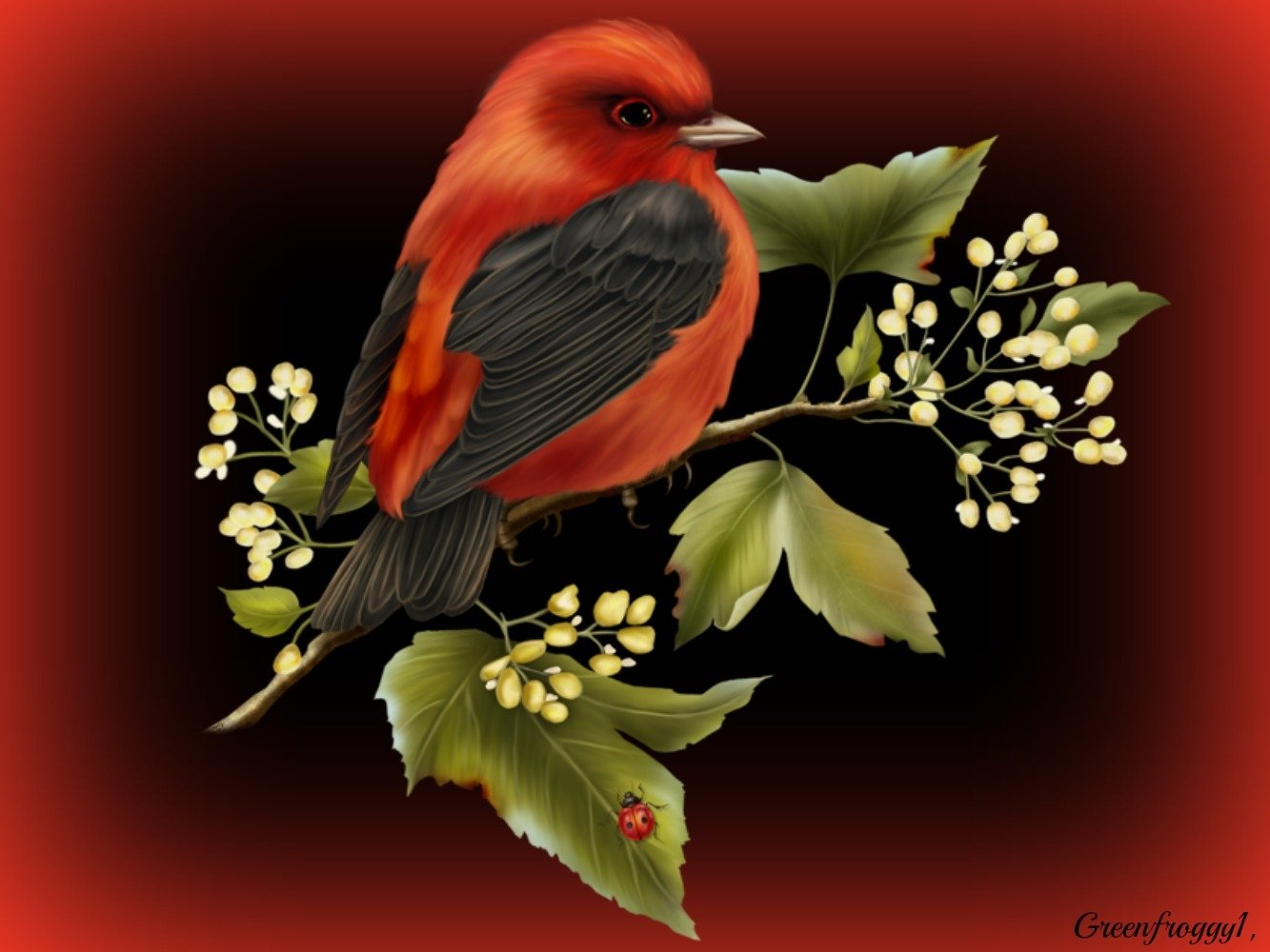 A vibrant red bird perched on a branch adorned with green leaves and small yellow flowers, set against a rich, dark background. This HD wallpaper captures the beauty of nature.