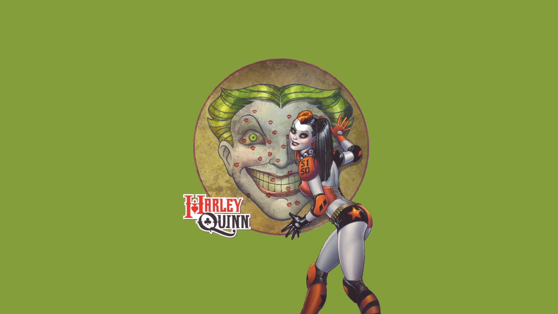 4K Ultra HD comic-style desktop wallpaper featuring Harley Quinn posing in front of a large Joker face emblem on a green background.