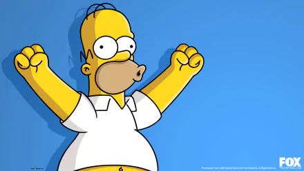 HD PC desktop wallpaper featuring Homer Simpson from the TV show The Simpsons, posed with raised fists against a solid blue background.