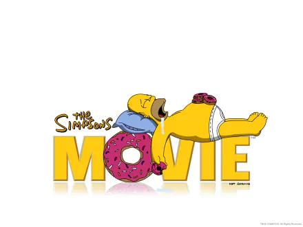 Homer Simpson from The Simpsons Movie lounging with a pink sprinkled donut, featured on a vibrant HD PC desktop wallpaper background.