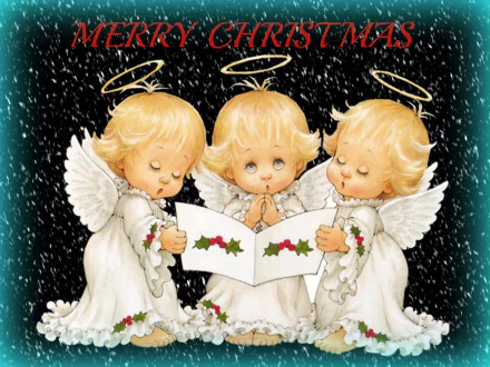 A festive HD wallpaper featuring three angelic children in white robes, each with a halo, joyfully celebrating Christmas with a 'Merry Christmas' message and holly accents.