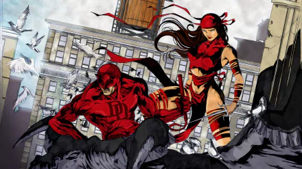 A vibrant 4K Ultra HD wallpaper featuring Matt Murdock and Elektra from Marvel Comics, showcasing their dynamic poses against a city backdrop in this striking Daredevil scene.