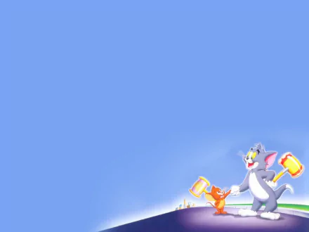 A colorful HD desktop wallpaper featuring Tom and Jerry, playfully holding hammers against a bright blue background, capturing the charm of the classic TV show.