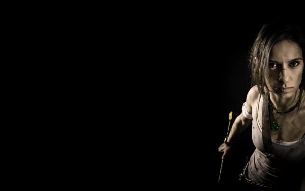 Lara Croft (Tomb Raider) woman cosplay: gritty tank top, arrow and bow, intense gaze on right against black negative space — 8K Ultra HD PC desktop wallpaper background.