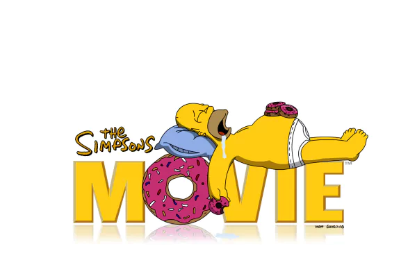 Homer Simpson from The Simpsons Movie lounging with a pink sprinkled donut, featured on a vibrant HD PC desktop wallpaper background.