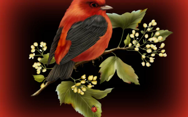 A vibrant red bird perched on a branch adorned with green leaves and small yellow flowers, set against a rich, dark background. This HD wallpaper captures the beauty of nature.
