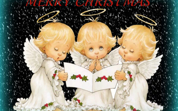 A festive HD wallpaper featuring three angelic children in white robes, each with a halo, joyfully celebrating Christmas with a 'Merry Christmas' message and holly accents.