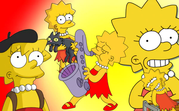Vibrant HD wallpaper featuring Lisa Simpson from *The Simpsons*, showcasing her playful personality with her saxophone, cat, and iconic style in a colorful background.