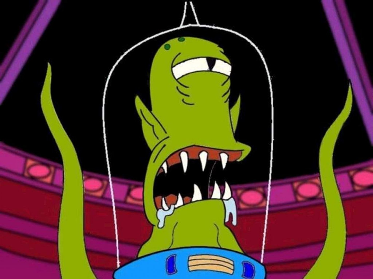 HD PC desktop wallpaper: Kang, the green tentacled alien from the TV show The Simpsons, snarling with jagged teeth and drool inside a purple spaceship.