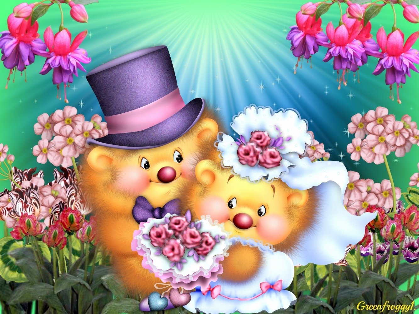 Artistic fairy tale HD desktop wallpaper featuring two bears dressed as a bride and groom surrounded by vibrant flowers and radiant light beams.