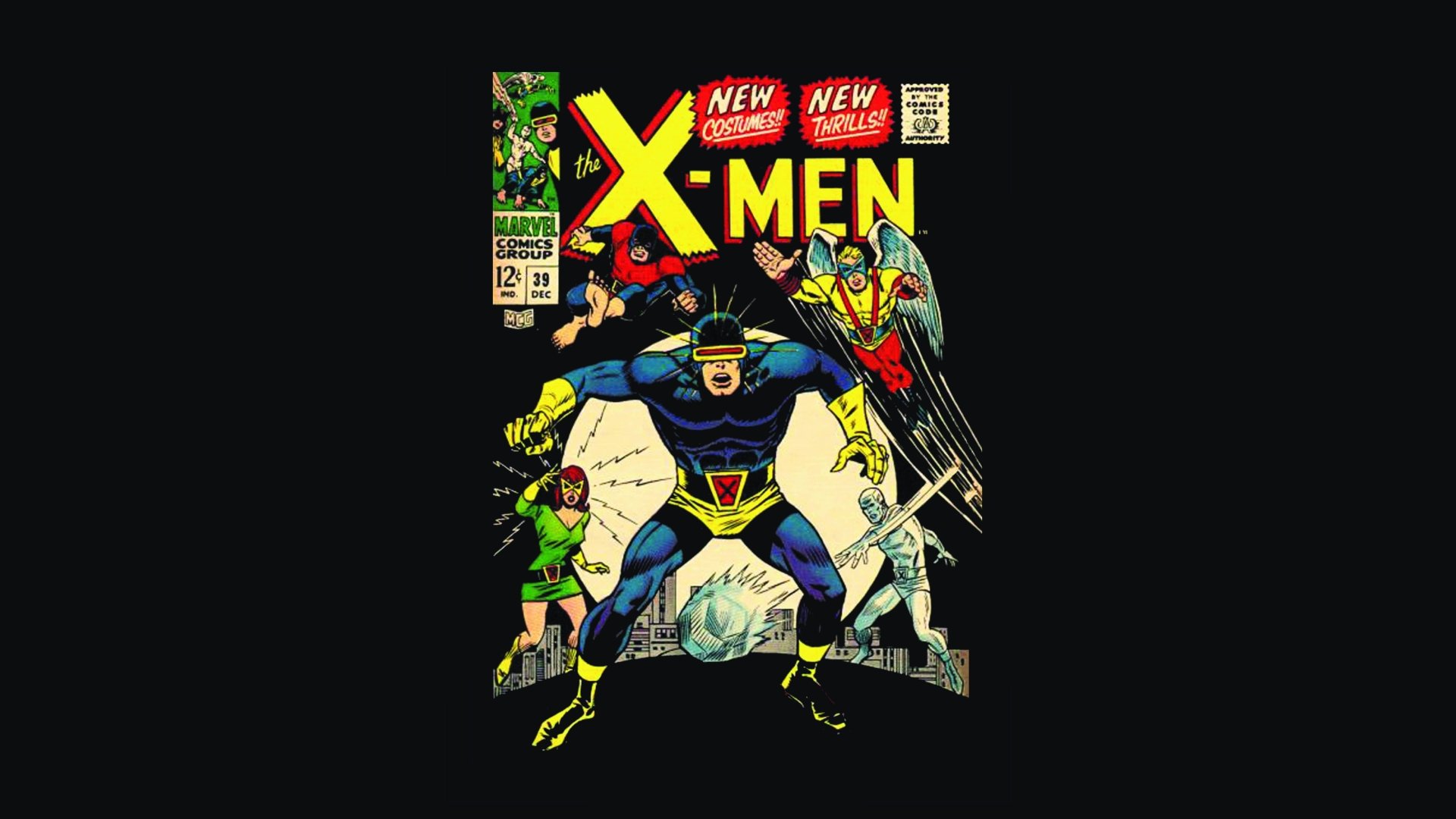 5K Ultra HD PC wallpaper: vintage X‑Men comic cover with Cyclops center, Jean Grey (Marvel Girl), Angel, Beast and Iceman posed dramatically on a stark black background.